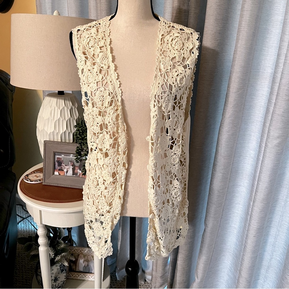 Sostanza Crochet Sweater Vest‎ Vintage Medium Boho Ramie Floral Hippie 90s Y2K